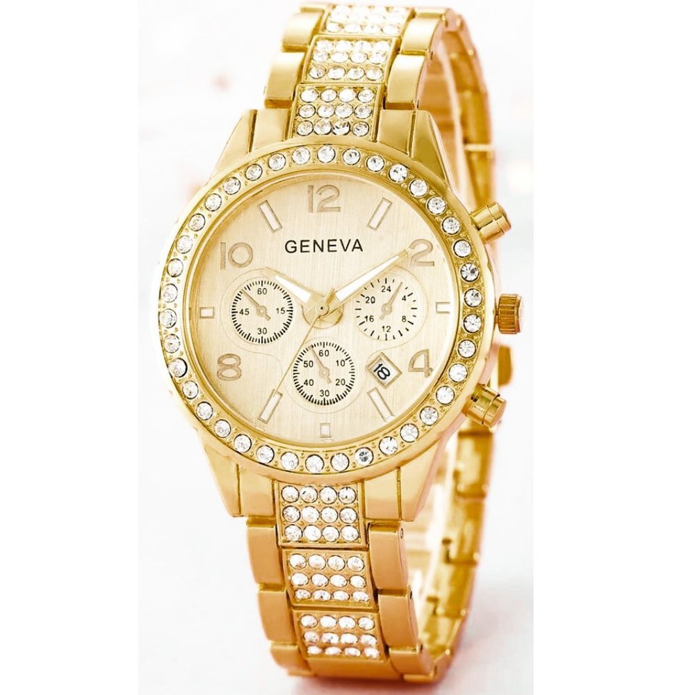 Gold Floating Crystal Calendar Geneva SS Watch